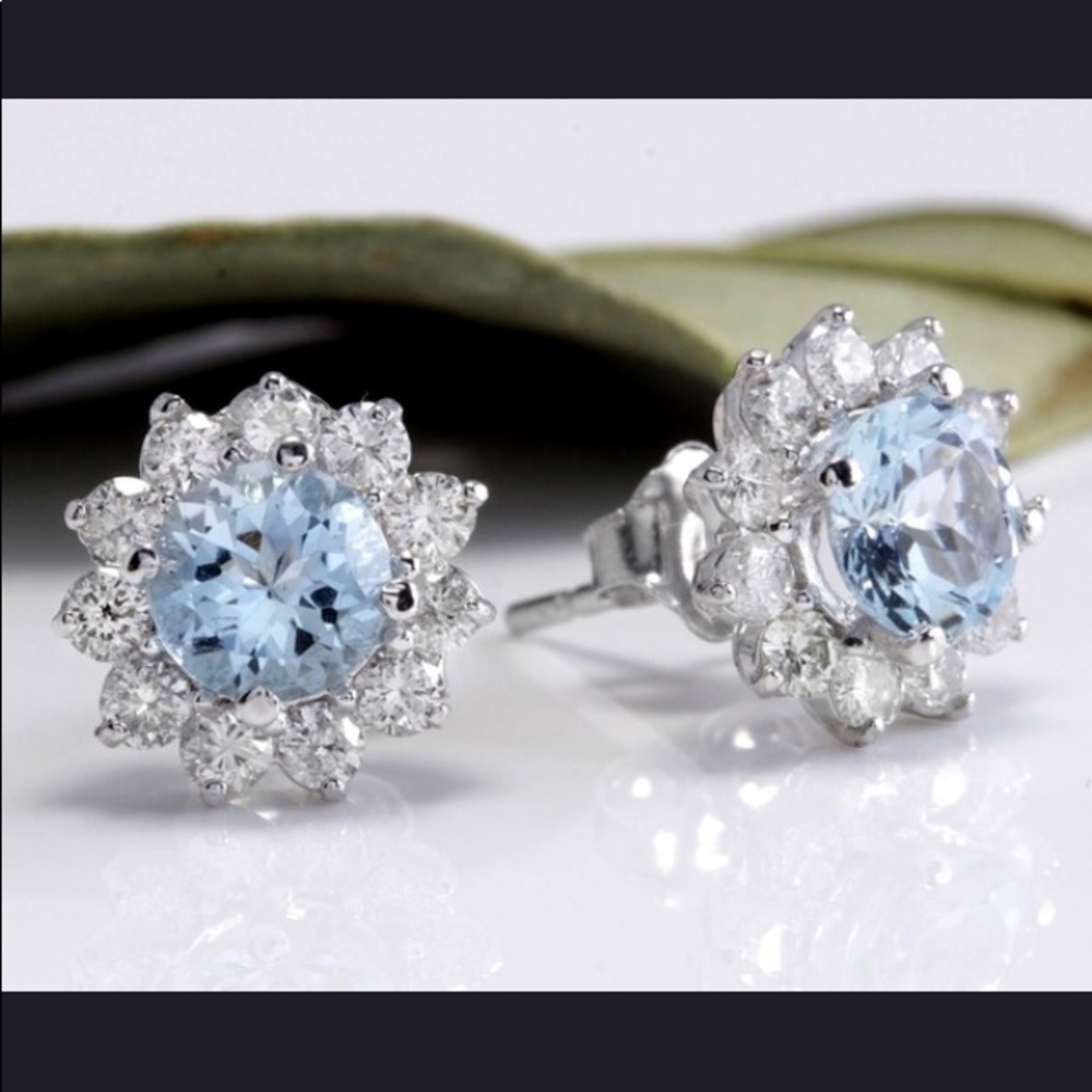 2 CT Aquamarine Natural Gemstone ’s 925 CZ Flower - Picture 2 of 2